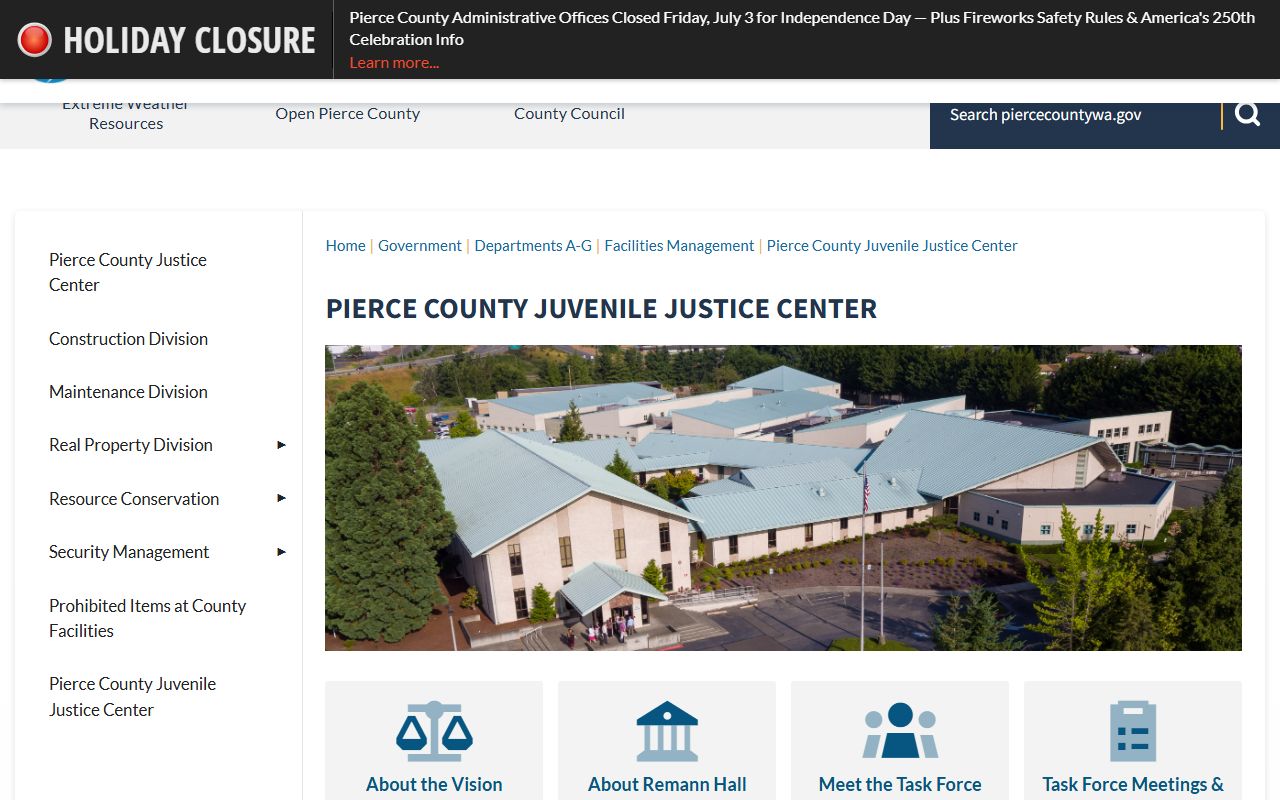Pierce County Juvenile Justice Center planning page for Remann Hall