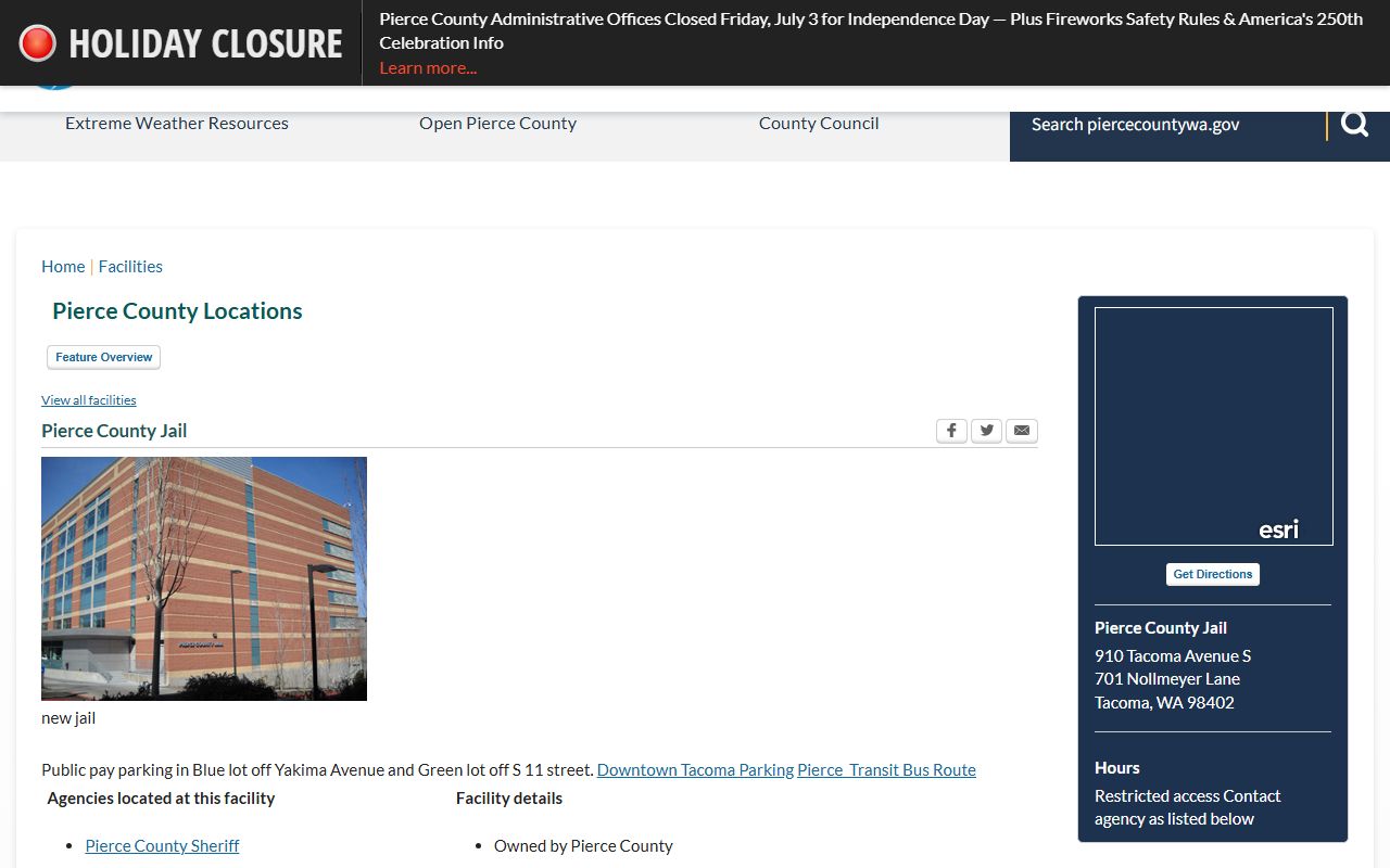 Pierce County Jail facility listing showing Tacoma jail entrances
