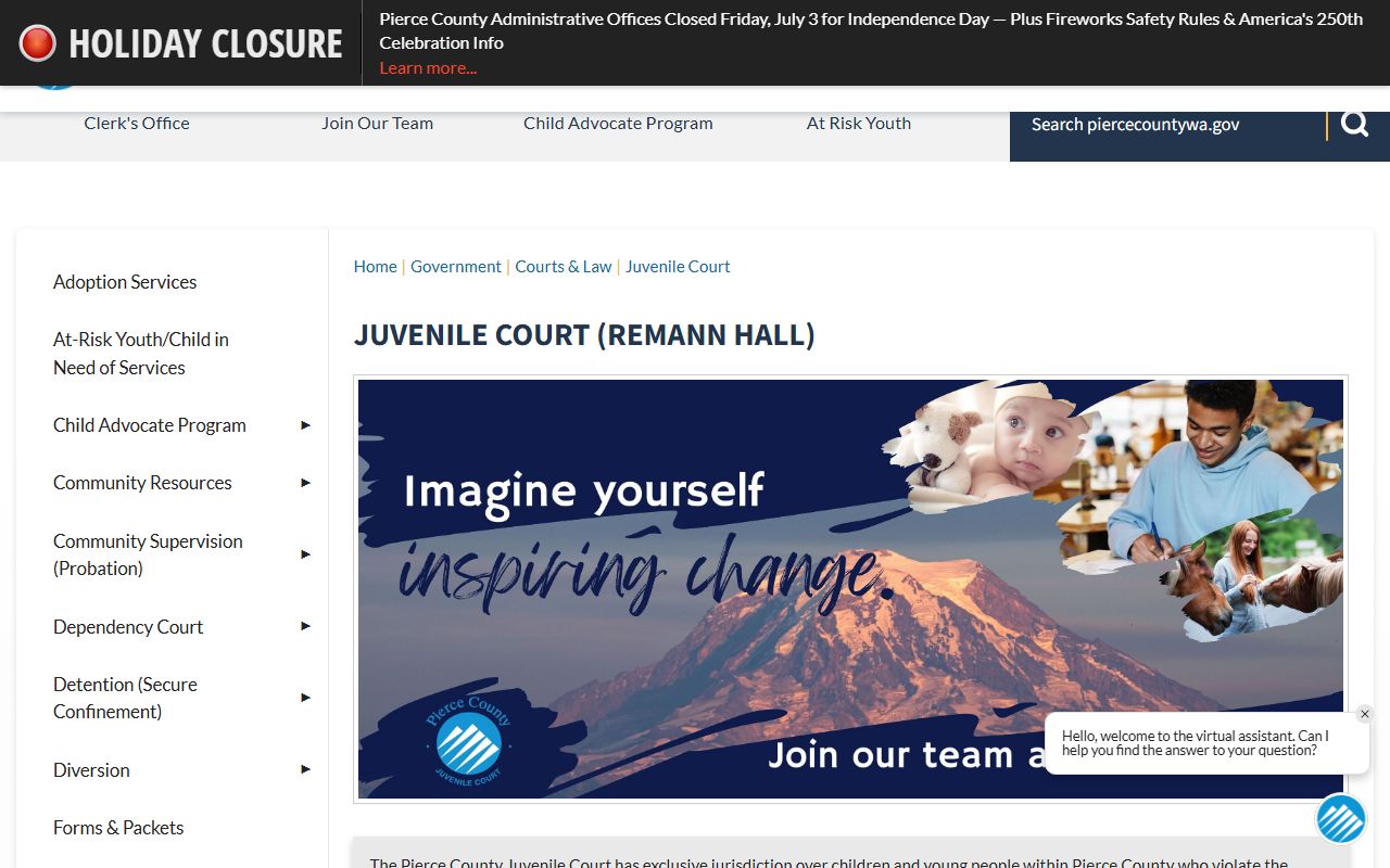 Pierce County Juvenile Court page with Remann Hall detention links and hours