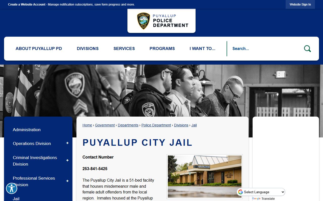 Puyallup City Jail official page with jail services and visitation details