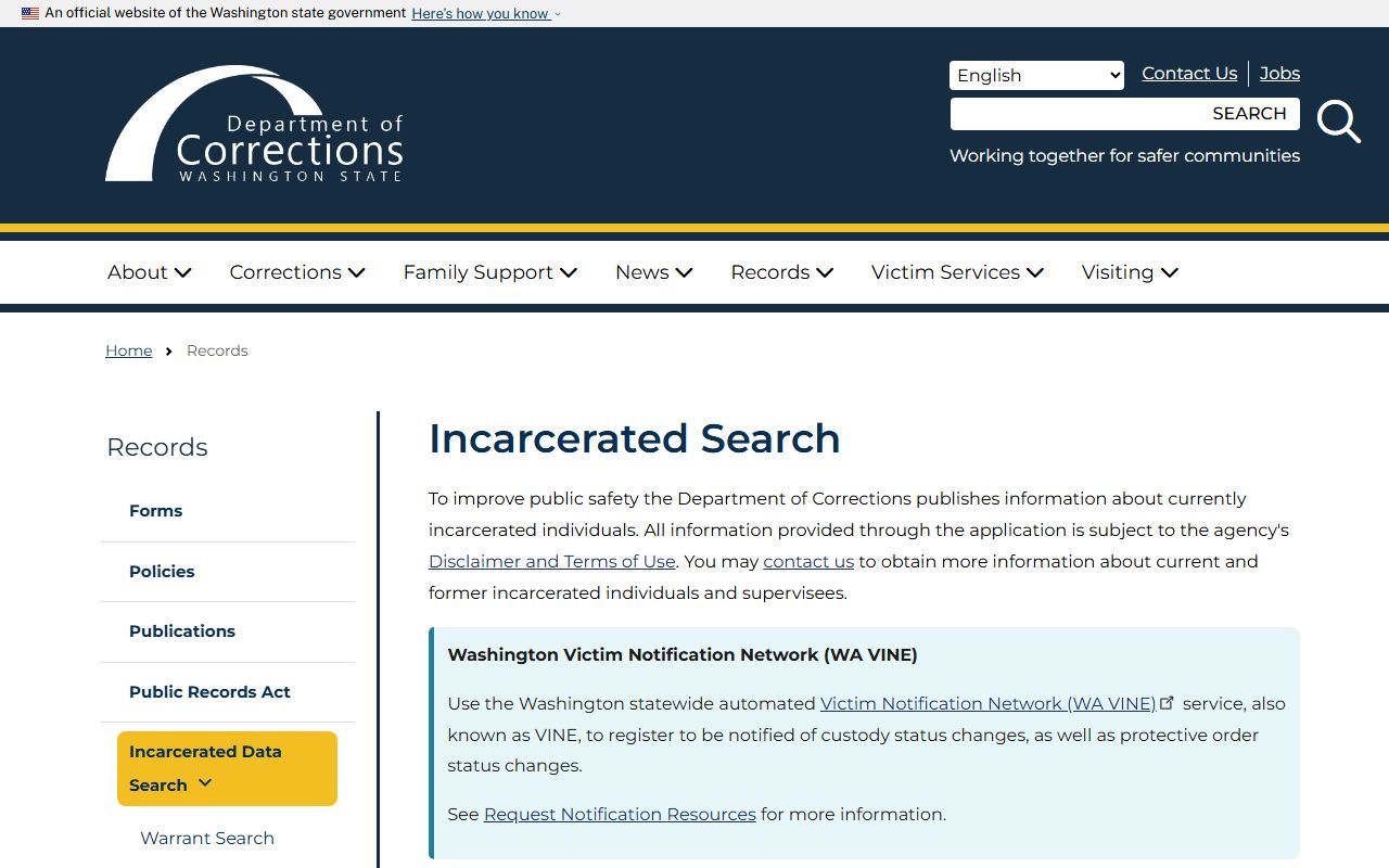 Washington DOC incarcerated search page with DOC number and name fields